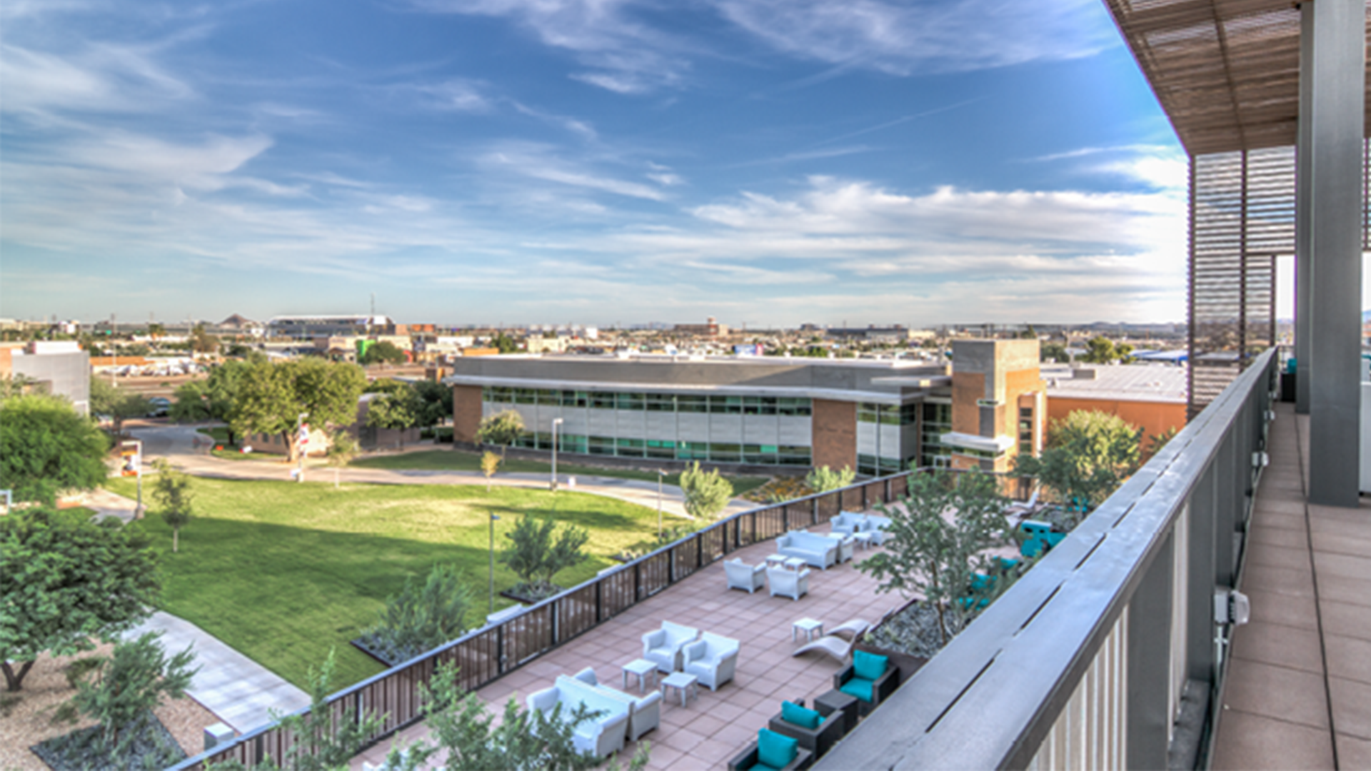 View of AF building and second floor patio