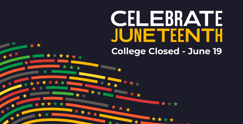 Black graphic with red, yellow, and green waved lines with the text "Celebrate Juneteenth" 