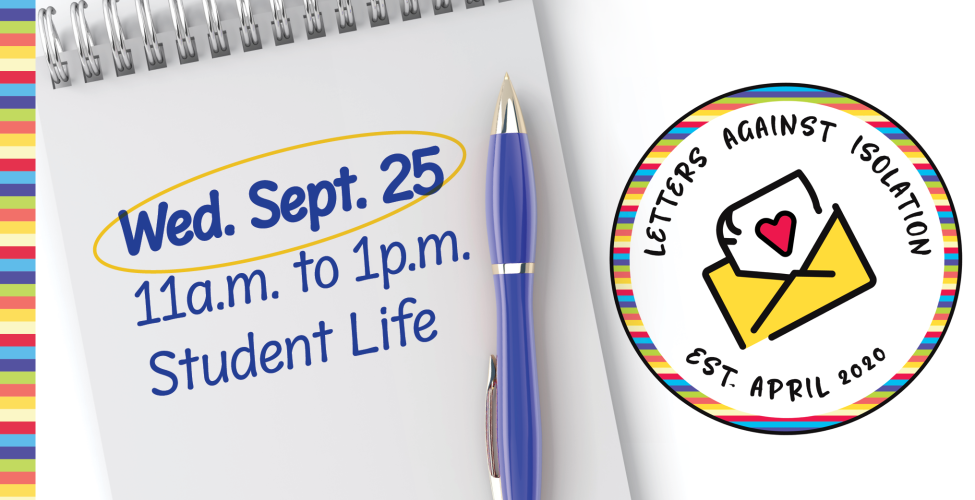 White spiral pad of paper and pen with the the text "Wed. Sept. 25, 11 a.m. to 1 p.m. Student Life"