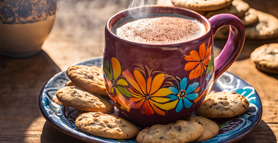 A purple cup with painted flowers that has hot chocolate sitting on a blue plate with chocolate chip cookies.