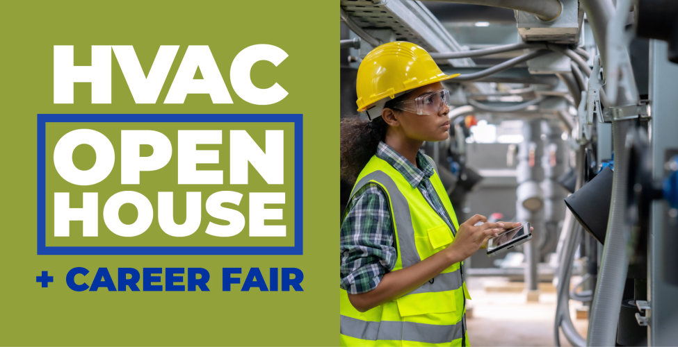 Image of female HVAC worker with the text "HVAC Open House and Career Fair"