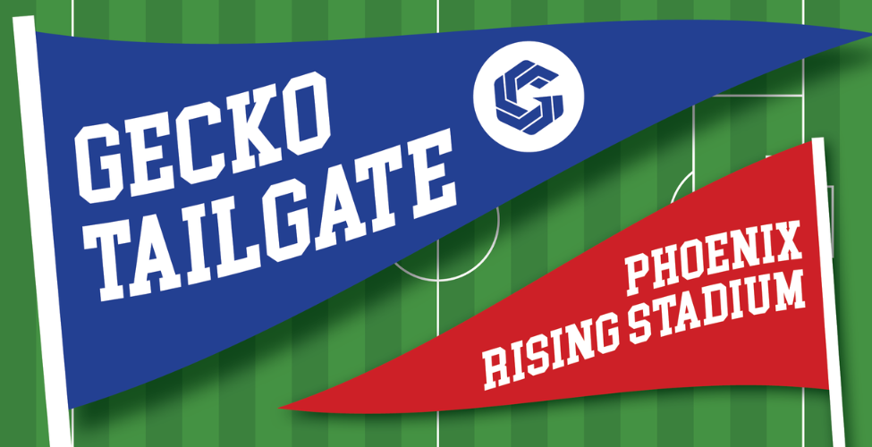 A blue pennant on the left and a red pennant on the right. On the blue pennant is "Gecko Tailgate" in white text with the GateWay "Circle G" logo next to it. On the red pennant is "Phoenix Rising Stadium" in white text.