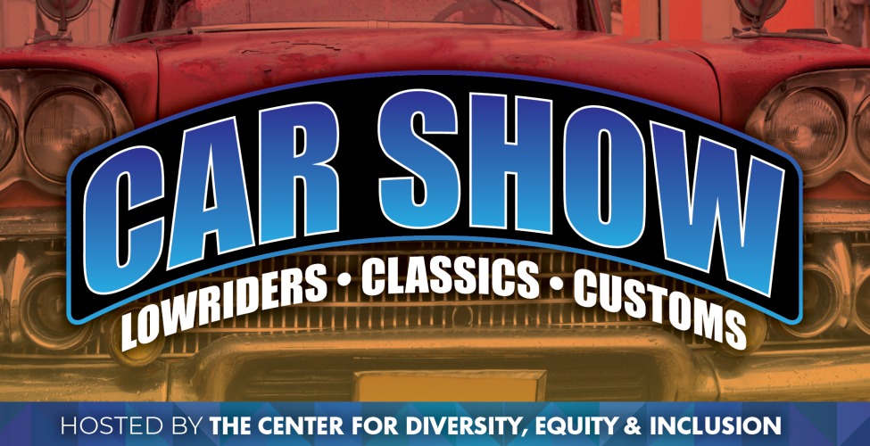 Car show text in blue font, overlaying a screened low rider car