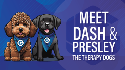 Illustrated image of brown labradoodle and black lab with the words "Meet Dash and Presley, The Therapy Dogs"