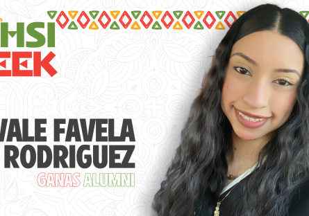 A graphic with the words "Celebrate HSI Week: Vale Favela Rodriguez"and a selfie of a female student