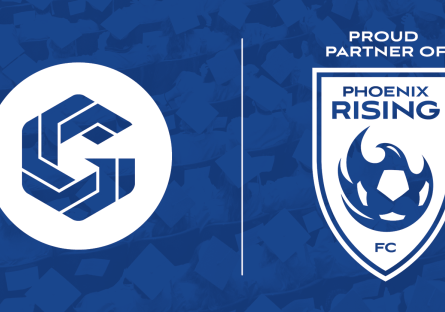 The GateWay Community College Logo (left) and the Phoenix Rising logo (right) on a blue background, separated by a vertical white line. Above the Phoenix Rising logo on the right, the phrase "Proud Partner Of" appears.