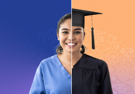 A woman who is split in half wearing two different attires - on the left, wearing a blue long-sleeved shirt; on the right, wearing a graduation cap and gown