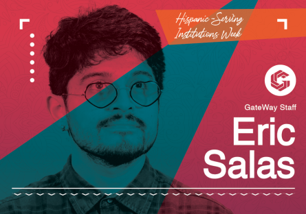 A picture of Eric Salas, with alternating pink and teal overlay. The text "Eric Salas" in white is on the right. "Hispanic-Serving Institution Week" is up top in white text on an orange background.