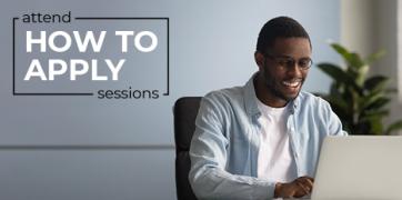 Male student looking at a laptop with the words "How to apply sessions"