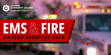 Words 'EMS & Fire Career Services Fair' over a solid red box, with a blurred ambulance in the backrground