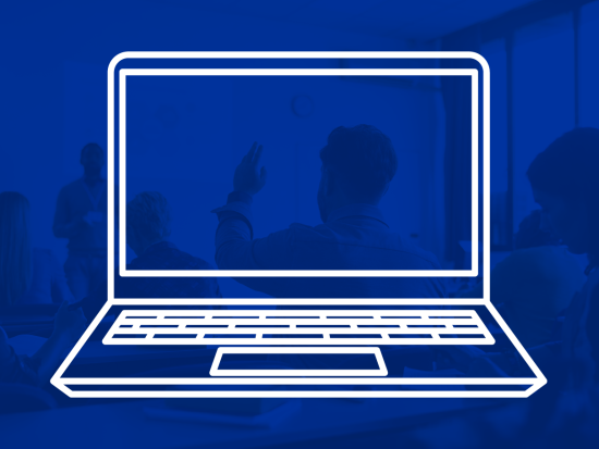 Illustration of white laptop over blue overlay