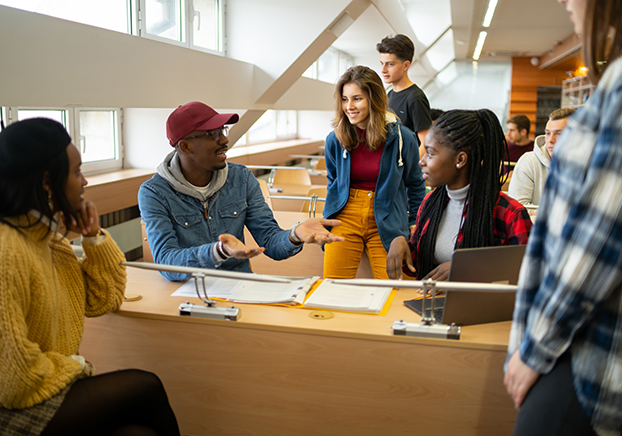 Diverse group of students mid conversation