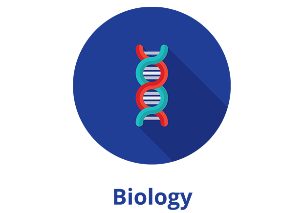 Red and turquoise spiral dna strand on blue background with the word "biology" below in blue font