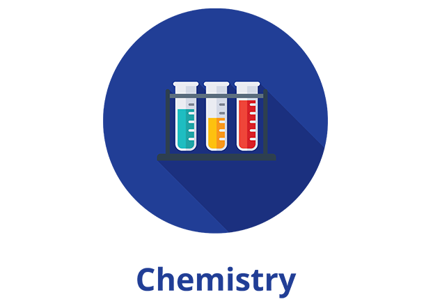 Three small vials with turquoise, yellow, and red liquid on blue circle with the word "chemistry" below in blue font.