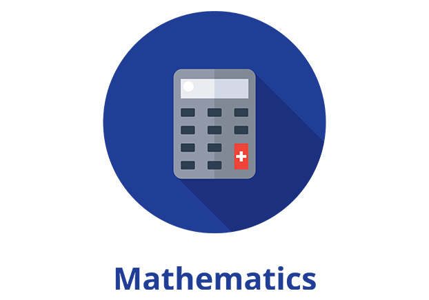 Grey calculator on a blue circle with the word "mathematics" below in blue font