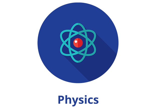 Atom with turquoise spirals and red center on blue circle with word "physics" below in blue font.