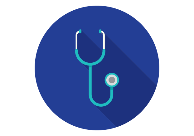 Illustrated turquoise stethoscope on blue circle background