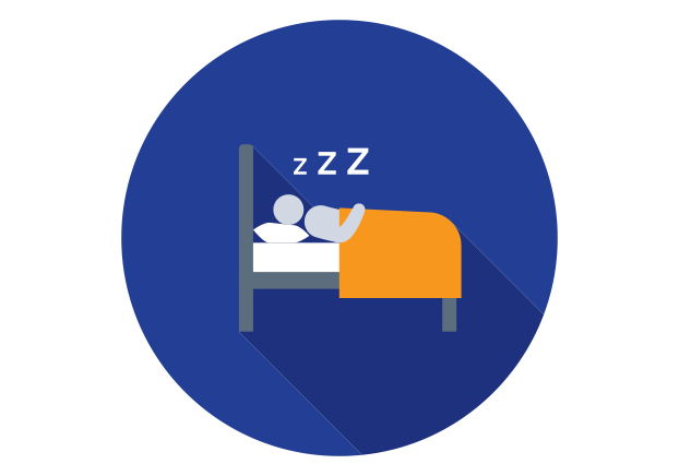 Illustrated image of a bed with an orange cover and illustrated person sleeping in bed